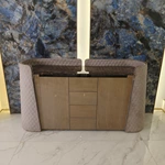 Natural Wood Veneer Sideboard with Dark Marble Top, Quilted Curved Side Panels, Four Drawers and Dual Cabinets